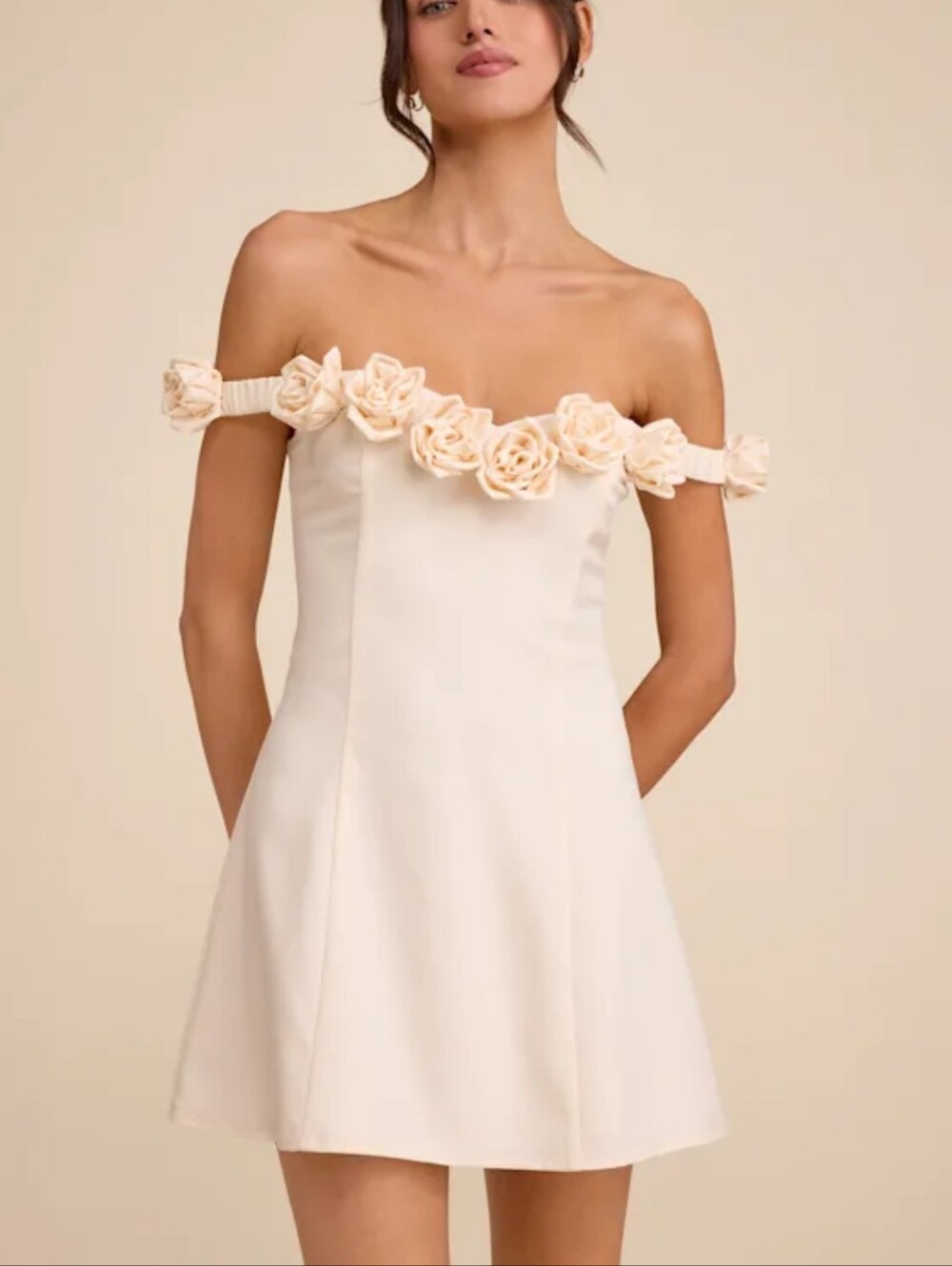 Lulus Gracen ivory rosette off-the-shoulder skater mini dress wedding